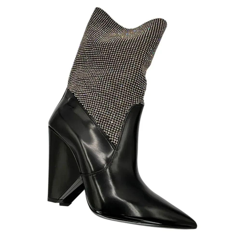 Saint Laurent Jazz Calf Swarovski Crystal Embellished Niki 105 Ankle Boots 39.5